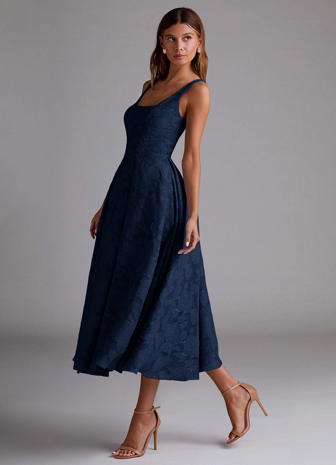 Amalie Navy A-line Midi Dress | Azazie