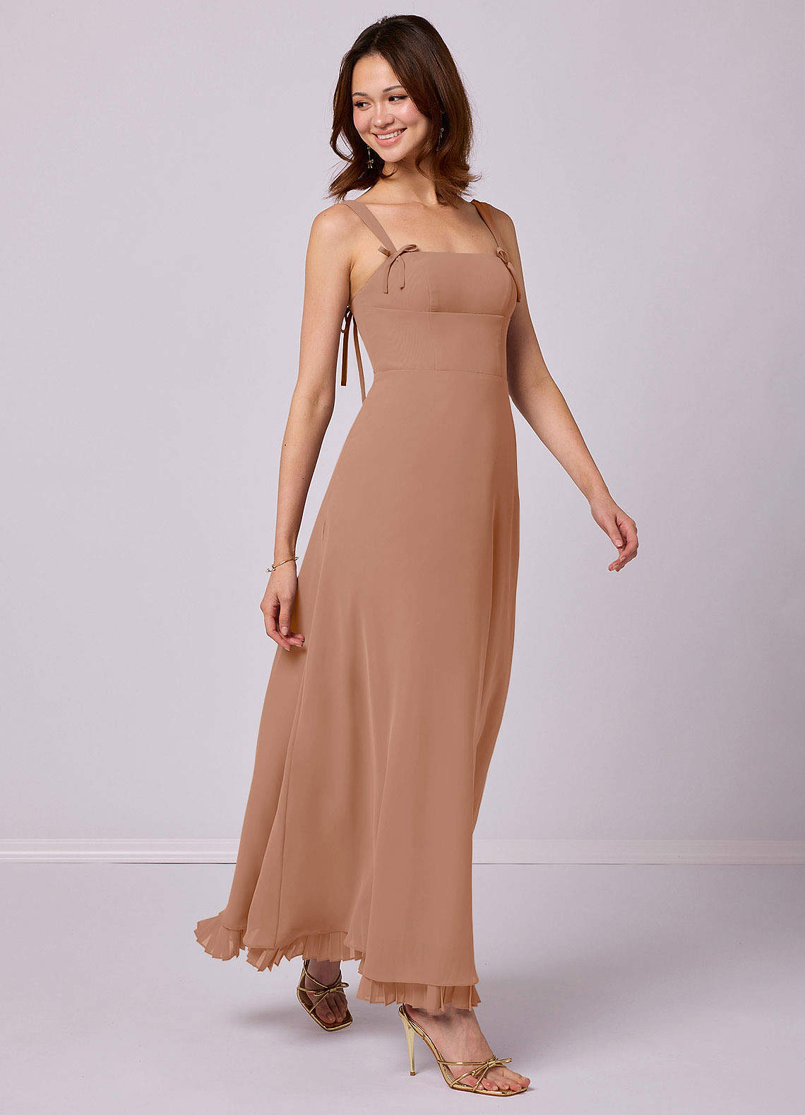 Barbie ♥ Azazie Robes de demoiselle d'honneur Robe Trapèze en Mousseline de soie Plissée Champagne Rosé image1
