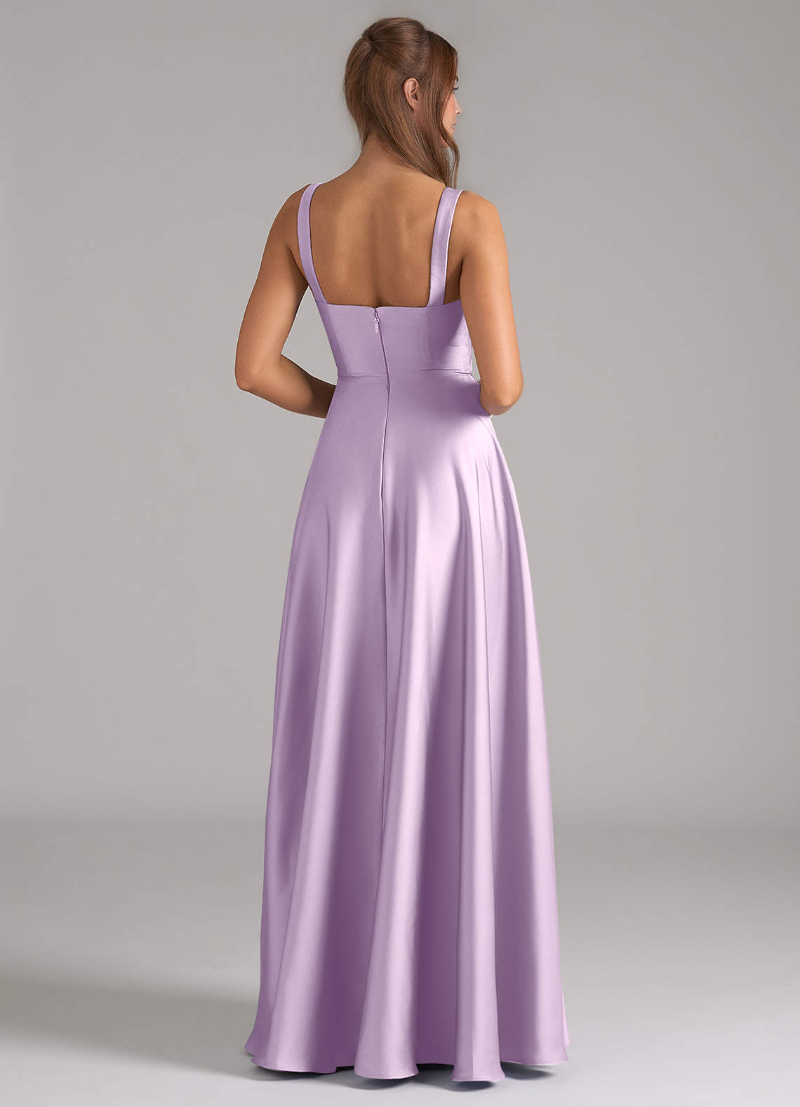 Azazie Shaude Bridesmaid Dresses Frosted Lilac A-Line Pleated Stretch Satin Dress image5