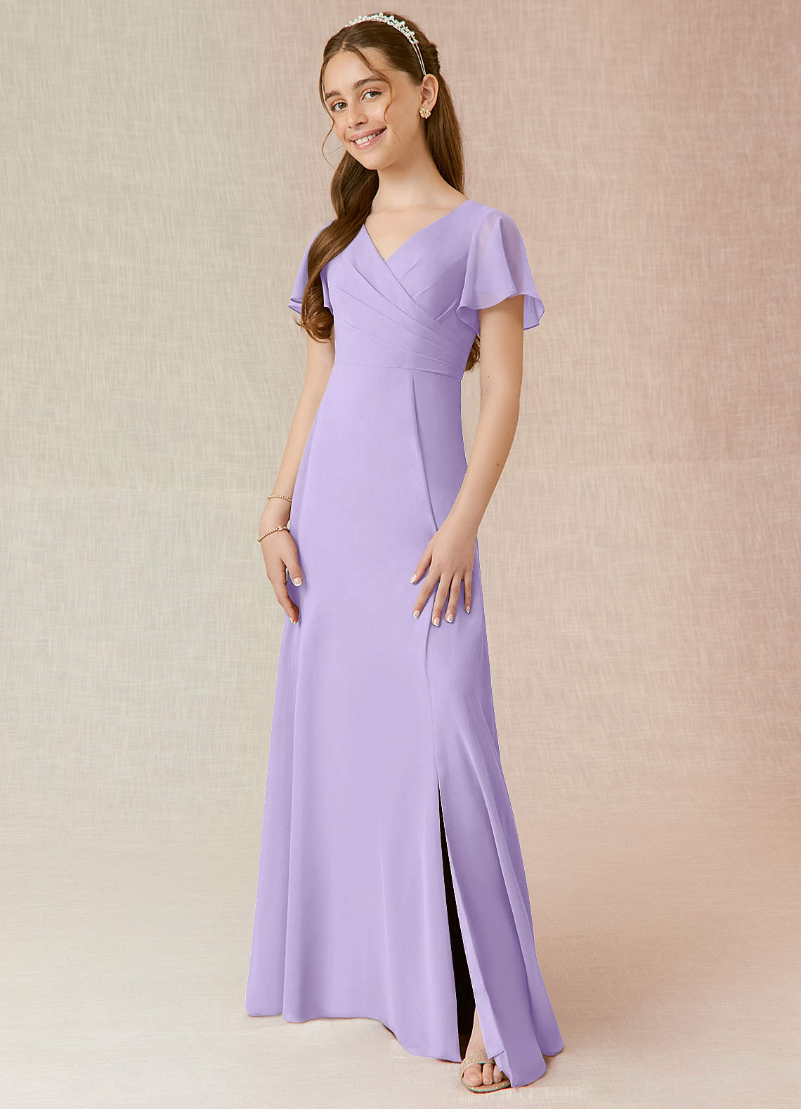 Azazie Induh Junior Robe Trapèze en Mousseline de soie Rayé Lilas image1
