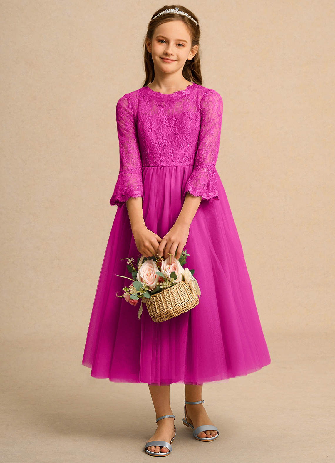 Azazie Lamb Girl Flower Girl Dresses Fuchsia Ball-Gown Lace Dress image1