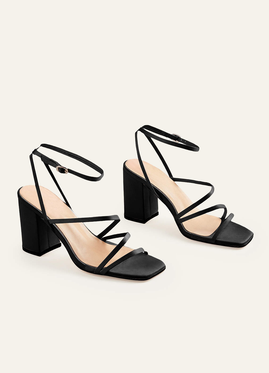 front Matching Color Matte Satin Ankle Strap Block Heel Sandals