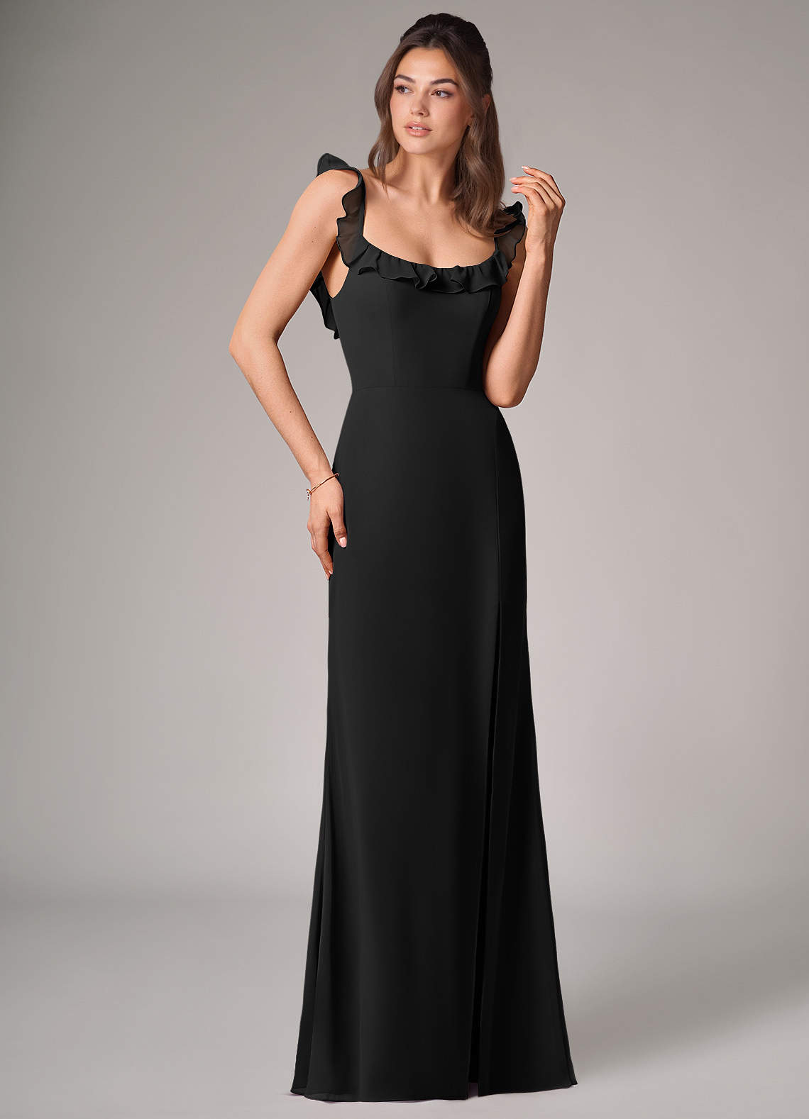 Azazie Callie Essayer des robes à la maison Robe Sirène Convertible en Mousseline de soie Fente Latérale Noir image2