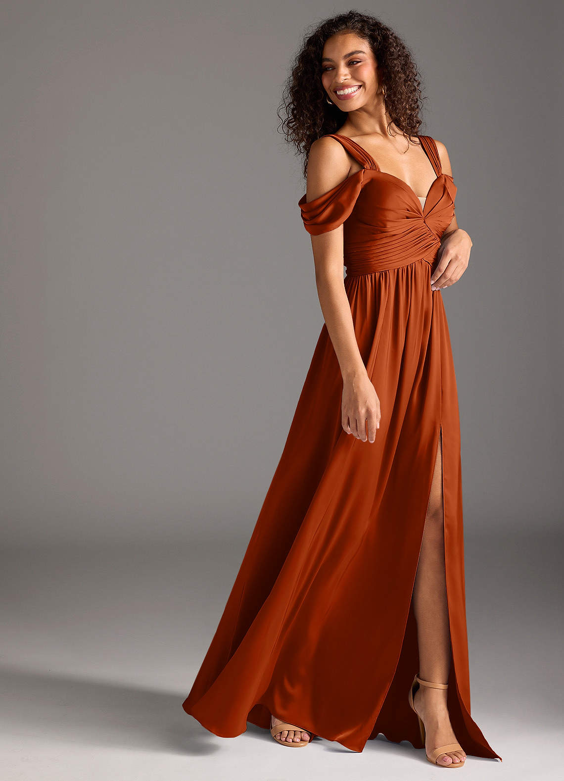 Azazie A-Line Off The Shoulder Floor-Length Stretch Satin Bridesmaid Dresses - Burnt Orange
