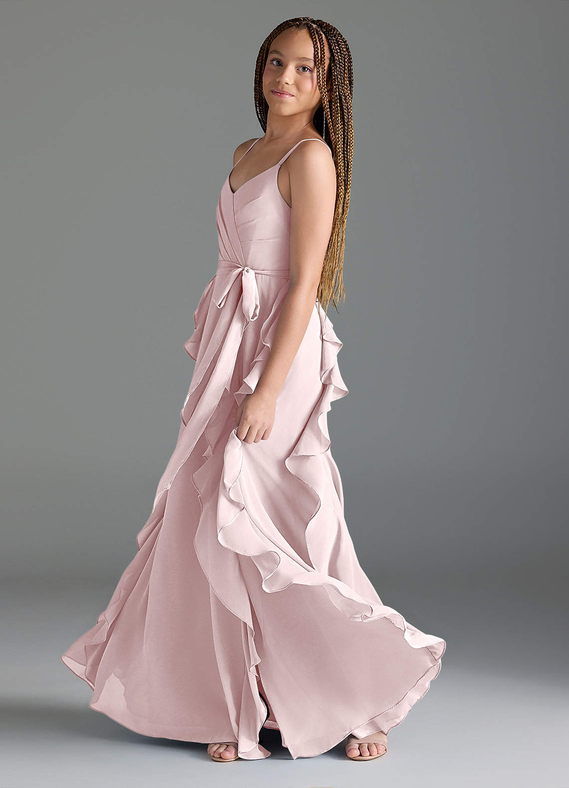 Azazie Peyton Junior Blushing Pink A-Line V-Neck Cascading Ruffles Chiffon Dress image3