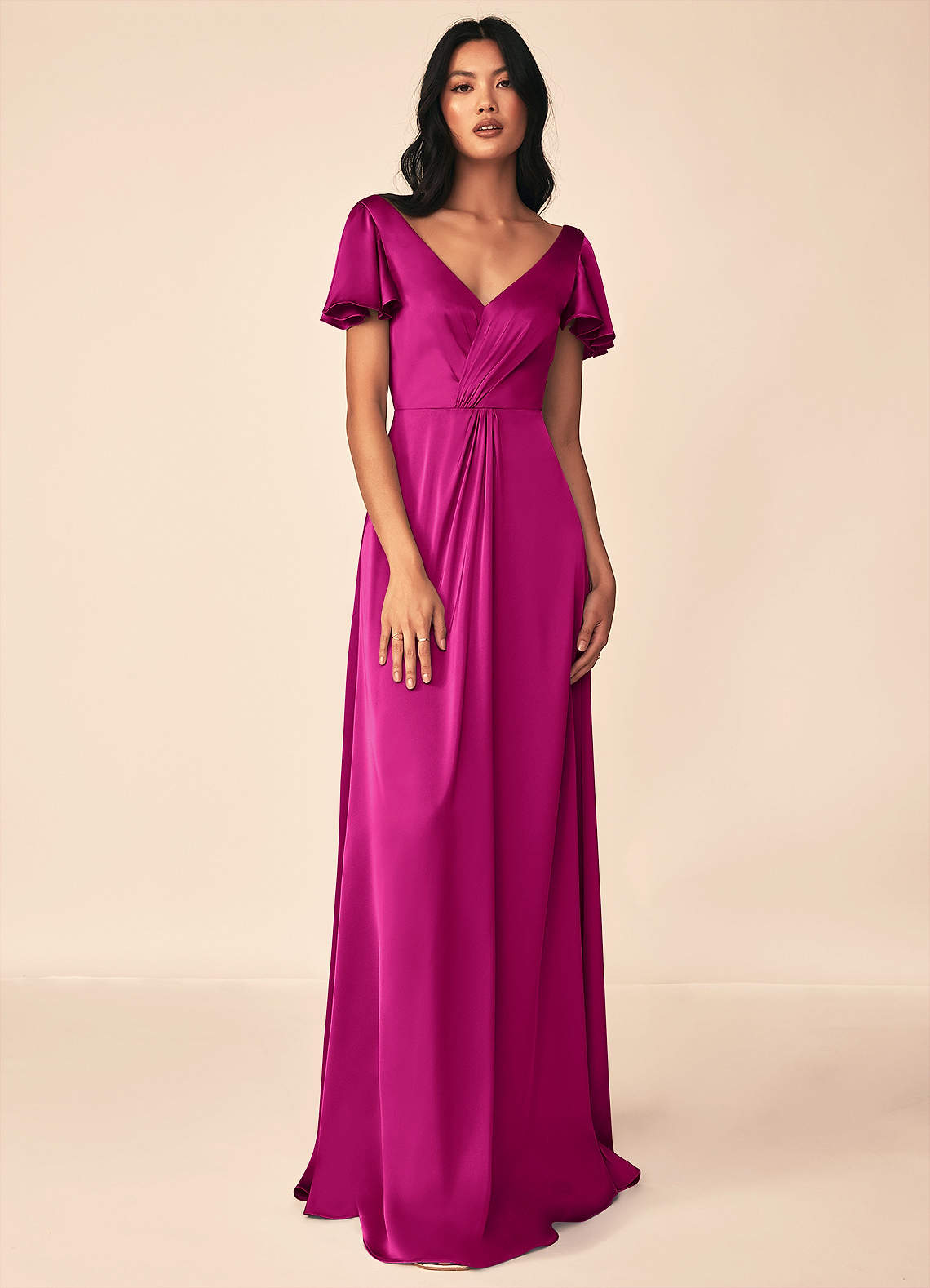 Azazie Soren Brautjungfernkleider A-Linie Plissee Stretch-Satin Kleider Fuchsia image1
