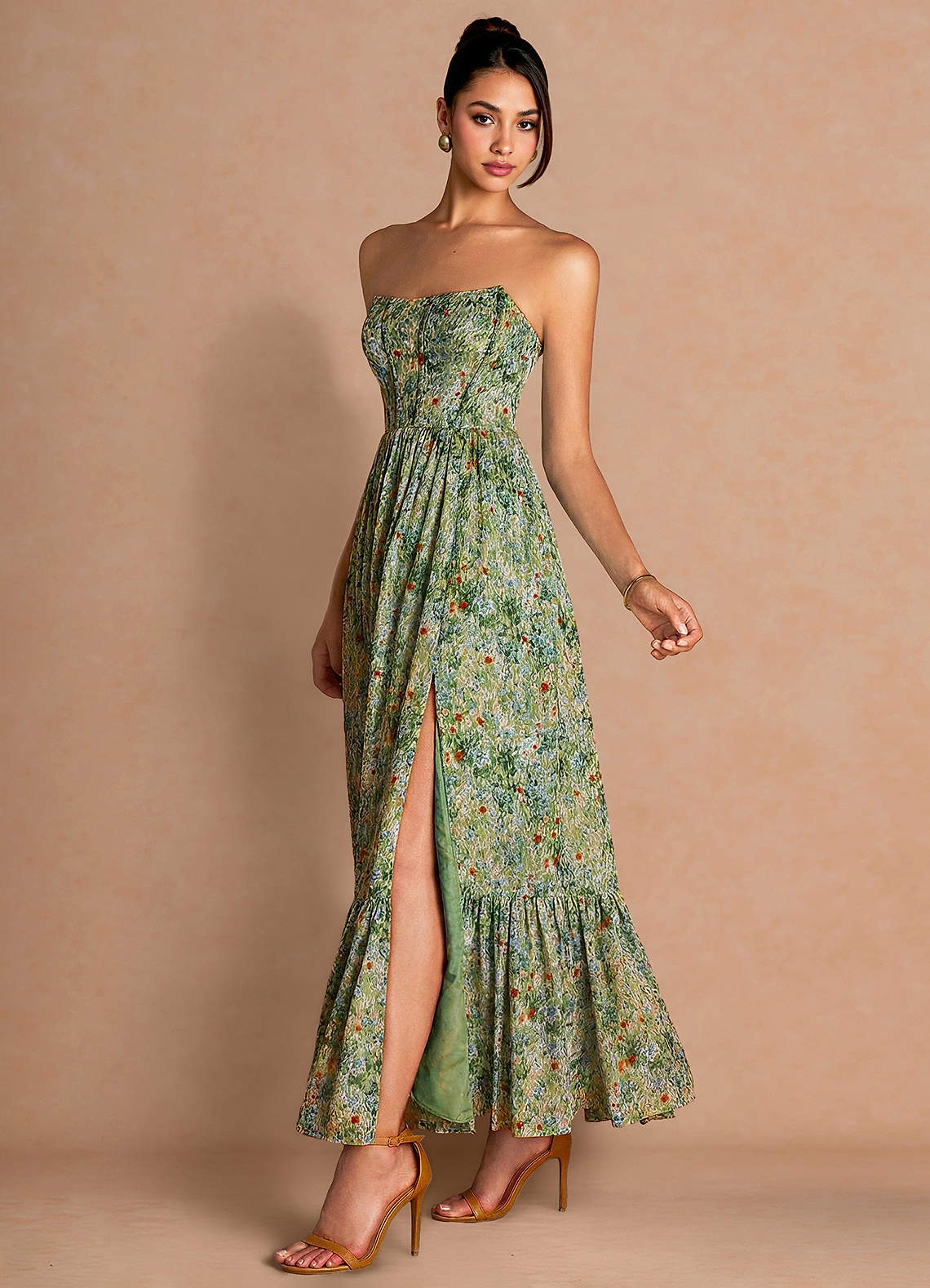 Azazie Plus Size Straight Strapless A-Line Ruffles Maxi Wedding Guest Semi-Formal Dresses in Green Floral Azazie Plus Size Straight Strapless A-Line Ruffles Maxi Wedding Guest Semi-Formal Dresses in Green Floral