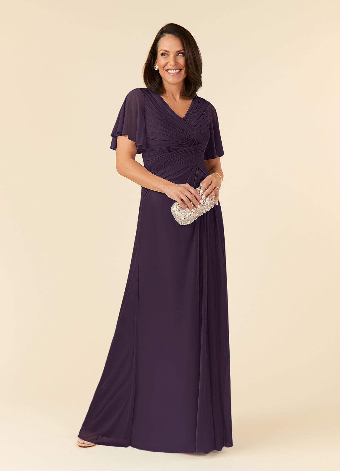 Azazie Emmeline Mother of the Bride Dresses Plum A-Line V-Neck Pleated Mesh Dress image1