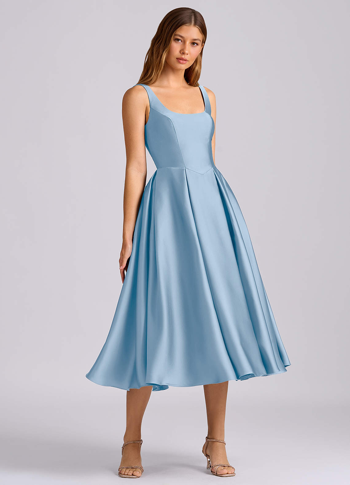 blue pleated bridesmaid dress Azazie Amalie Powder Stretch Satin Dresses Swing Dresses Pro styling tip Color:Soft Champagne Bouquet Elegant Long Sleeve Wedding