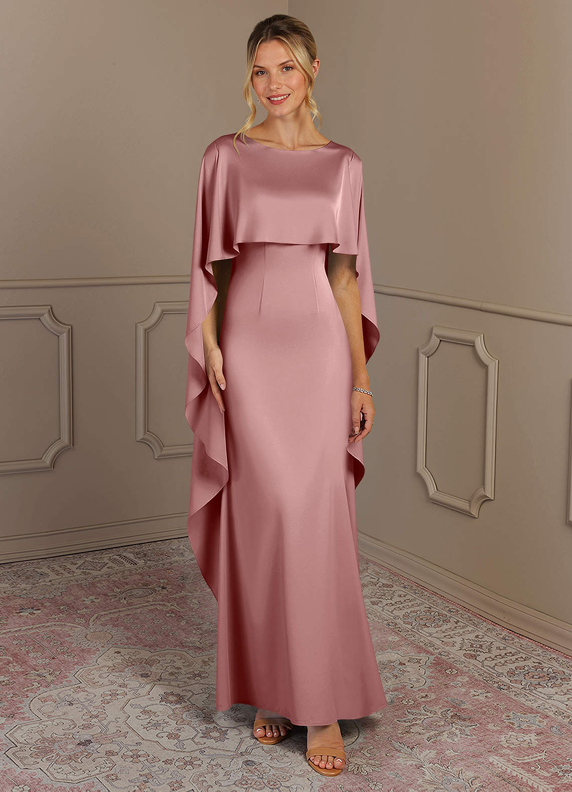 Azazie Eli vestidos de madre de la novia Vestido de Rosa Polvorienta de Satén Elástico de Recto con Cuello de barco image1