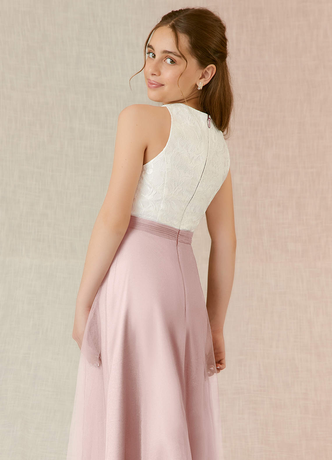 Azazie Albertine Junior Vestido de Rosa Rubor de Gasa de Corte en A con Encaje image5