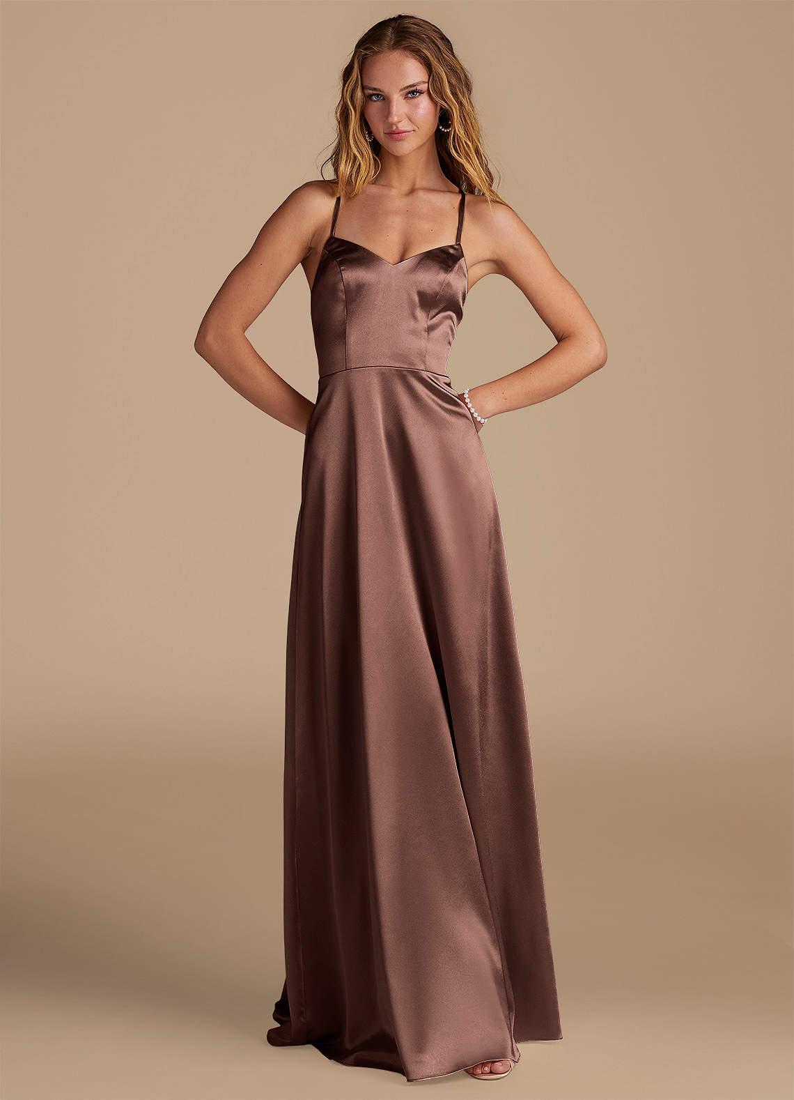 Azazie Mei Brautjungfernkleider A-Linie Metallischer Satin Kleid Espresso image1