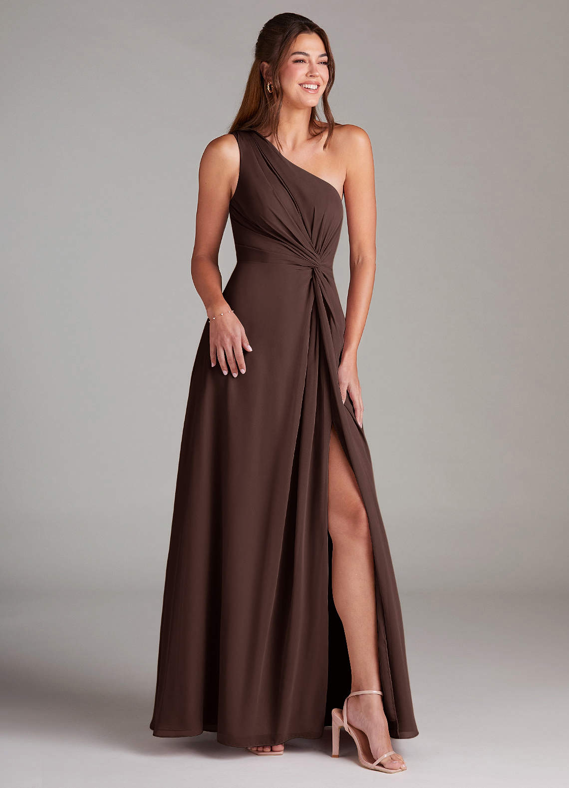 Azazie Brooke Brautjungfernkleider A-Linie One-Shoulder Chiffon Kleid Ganache image3