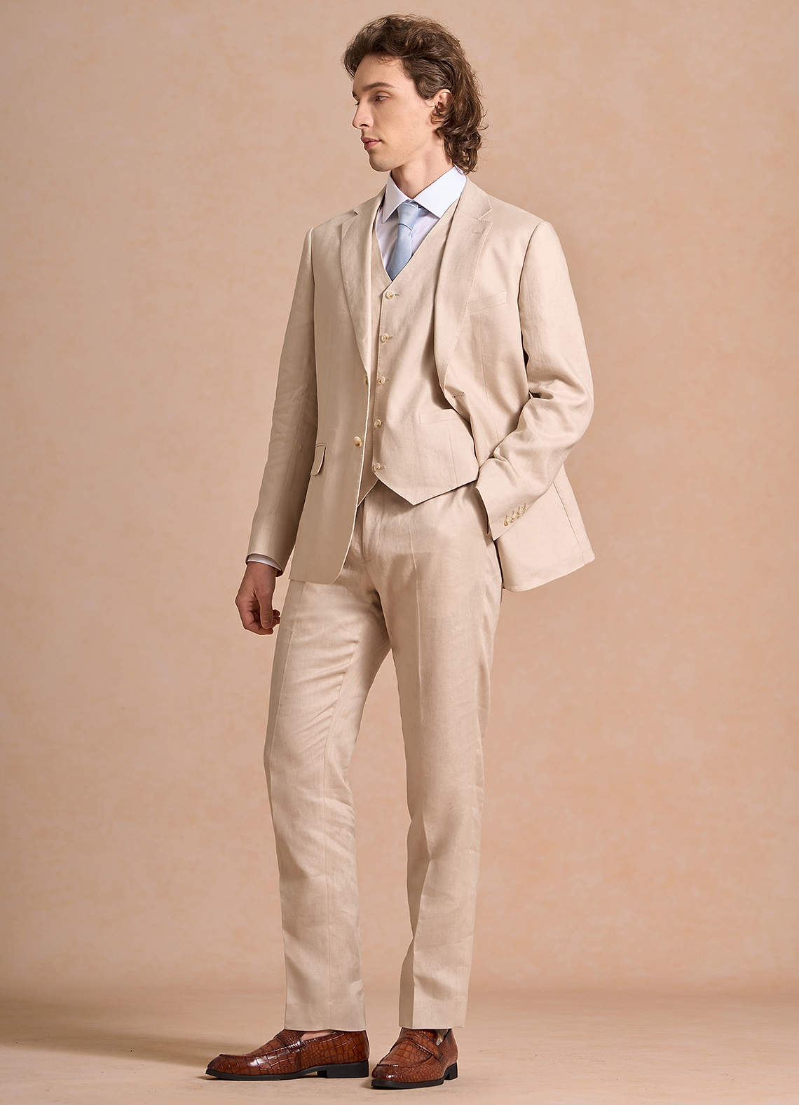 front Harrison Tan 100% Linen 3-Piece Suit