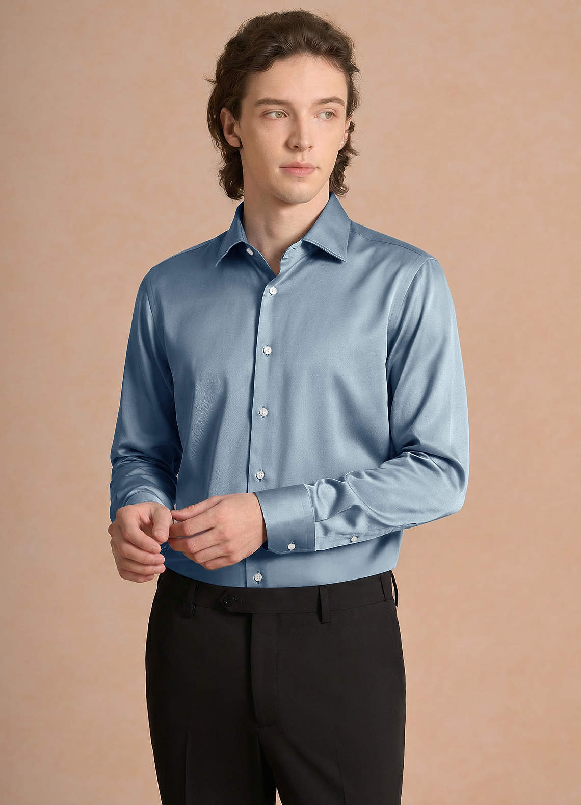 dusty blue dress shirt Azazie dusty blue Stretch Satin Dress Shirt Size Small