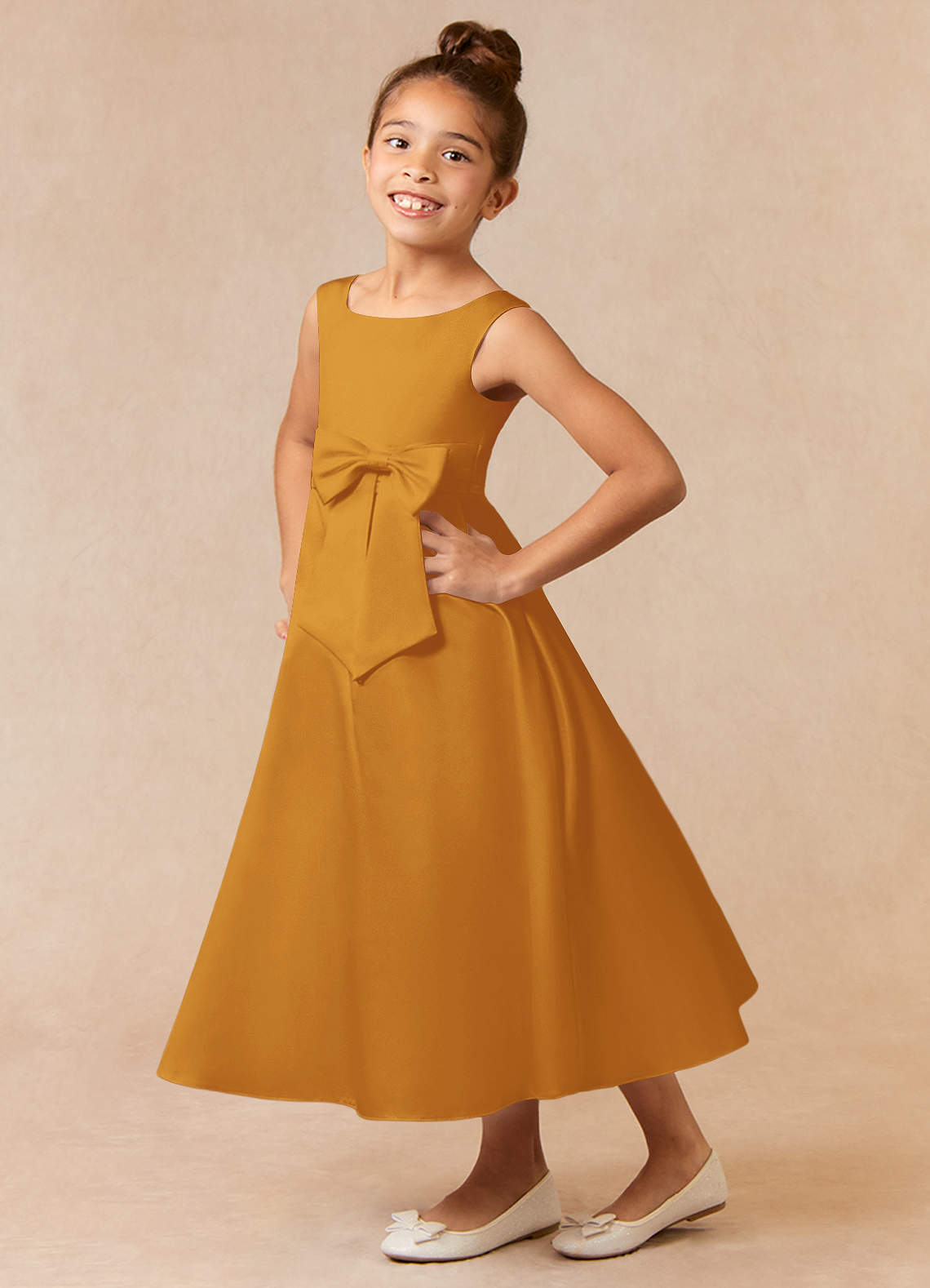 Azazie Lindy Flower Girl Dresses Butterscotch A-Line Pleated Matte Satin Dress image1