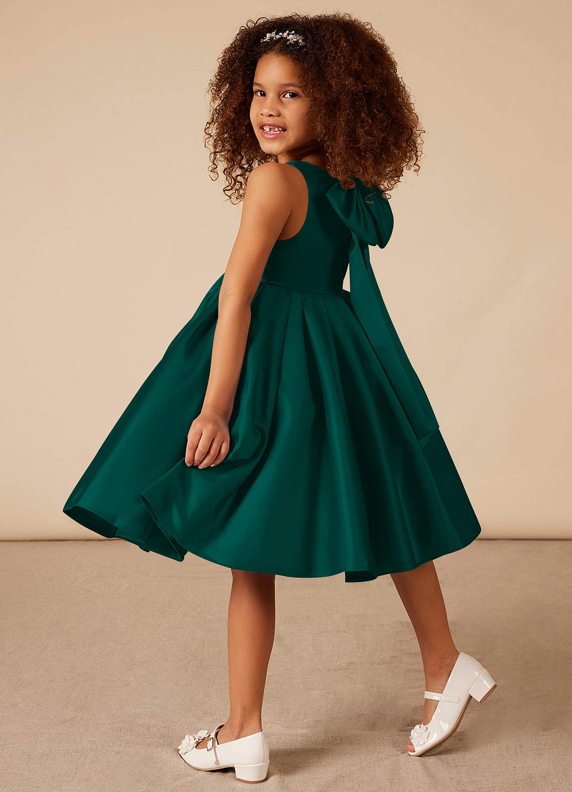 Pine Azazie Bo Peep A Line Bow Matte Satin Knee Length Dress Azazie