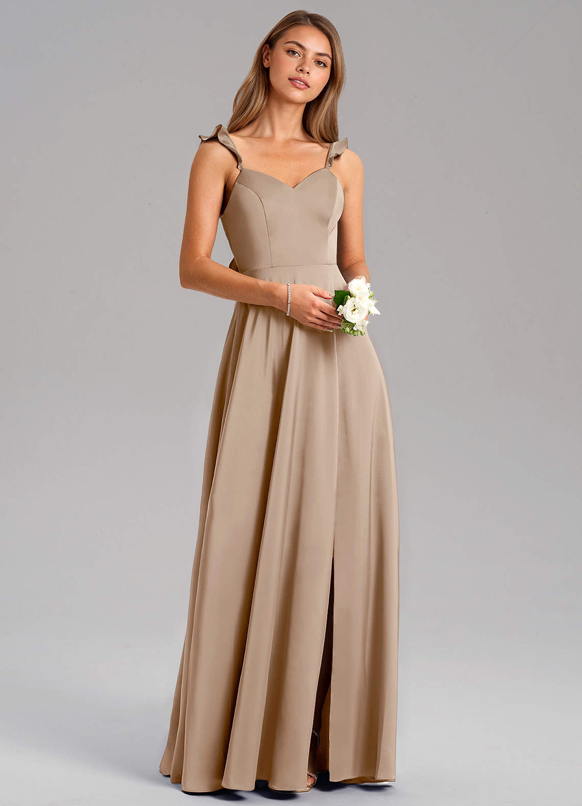 Azazie Everett Bridesmaid Dresses Taupe A-Line Stretch Satin Dress image1