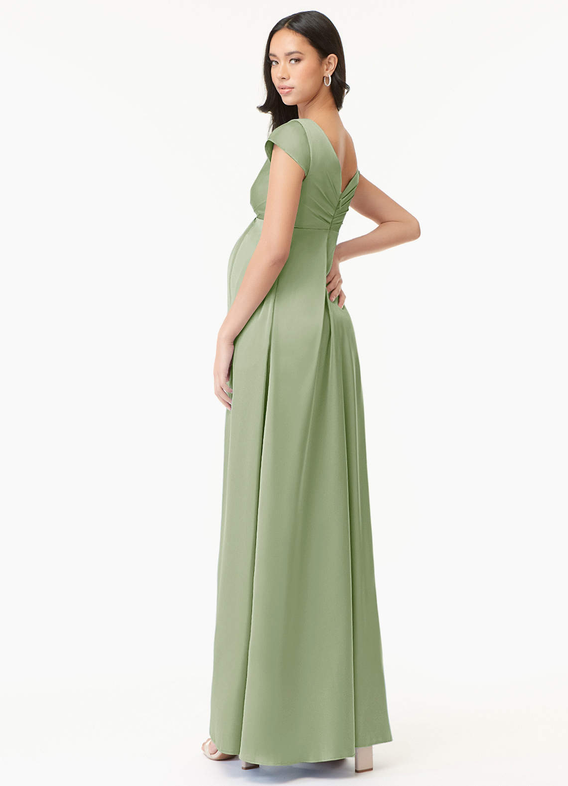 Azazie Allessia Vestidos de dama de honra para maternidade Vestir Linha A Plissado Comprimento do chão Cetim elástico image3