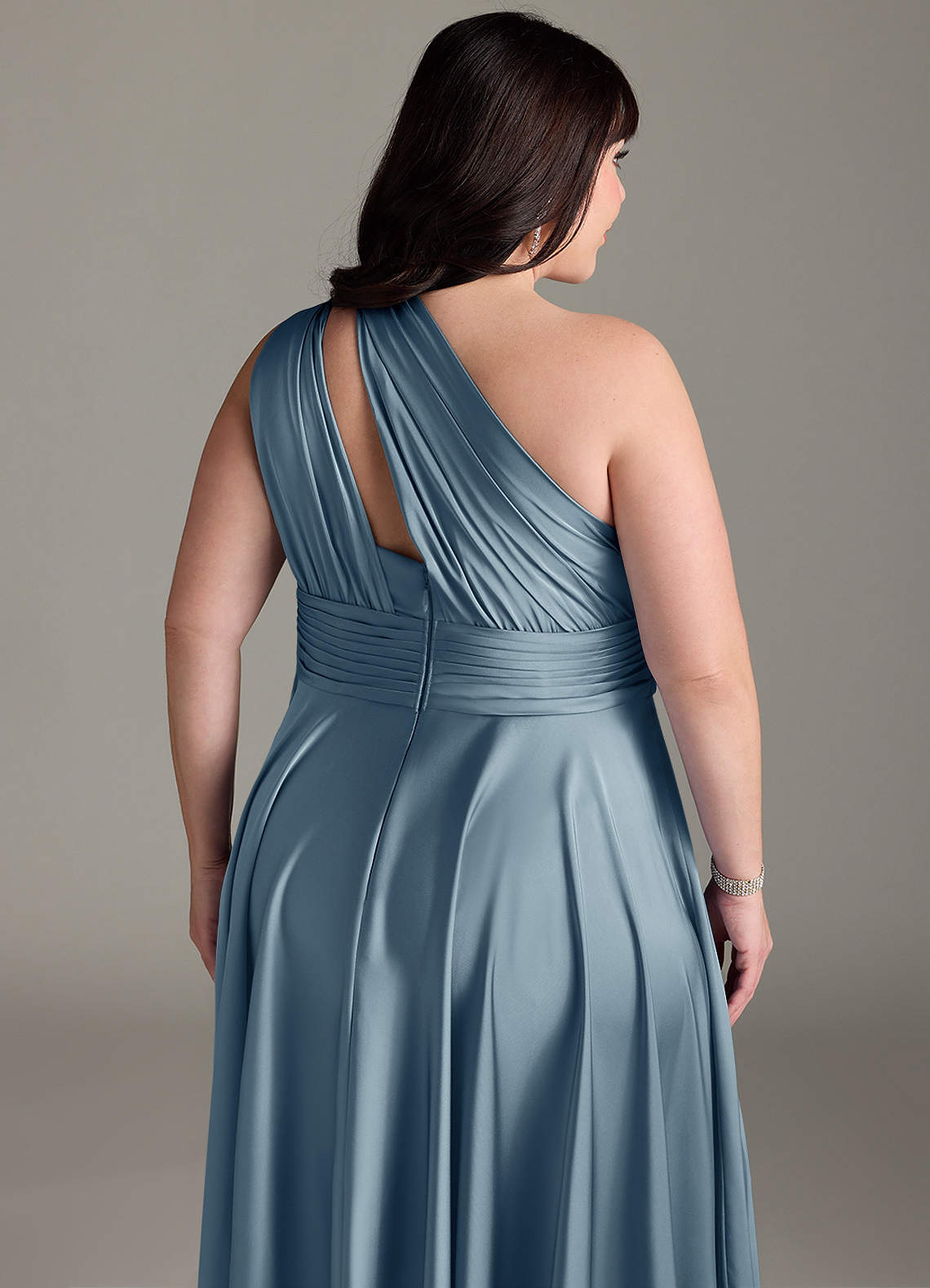 Azazie Charlize Bridesmaid Dresses Dusty Blue A-Line One Shoulder Stretch Satin Dress image15