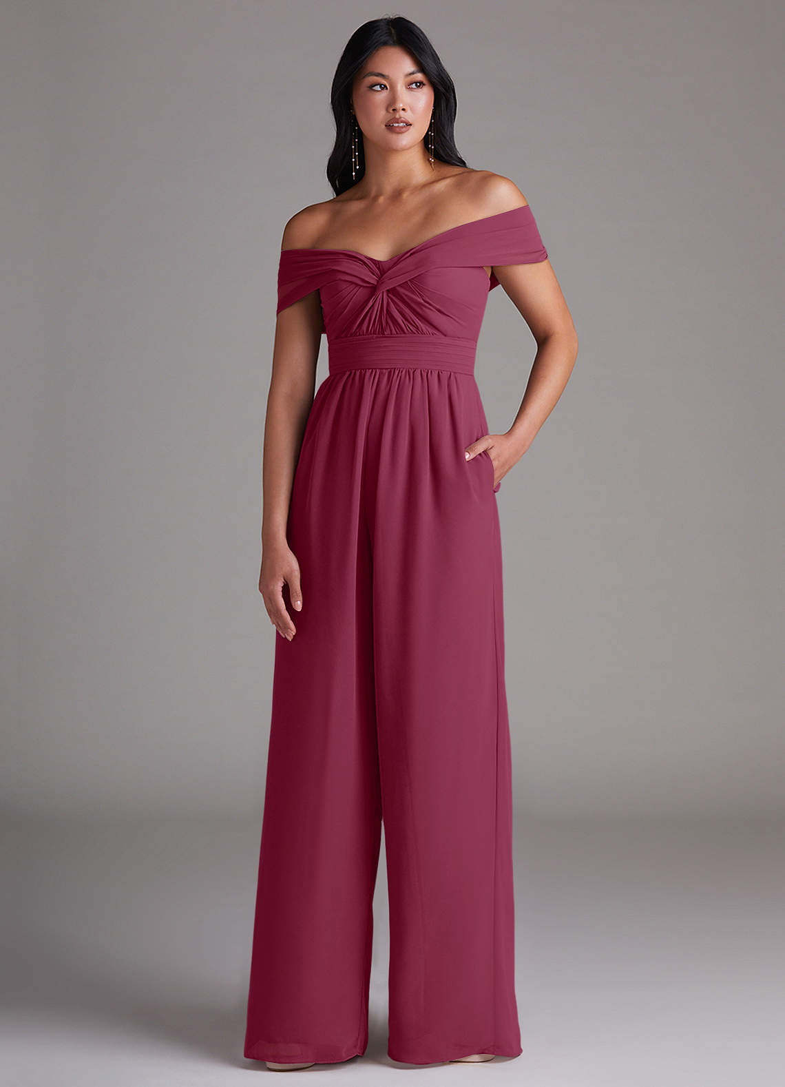 Azazie Lamara Bridesmaid Dresses Mulberry Off the Shoulder Chiffon Convertible Jumpsuit image1
