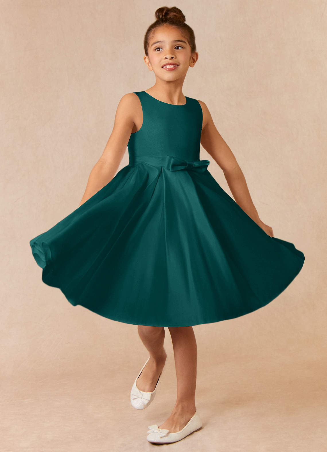 Azazie A-Line/Princess Scoop Neck Knee-Length Matte Satin Flower Girl Dresses - Peacock