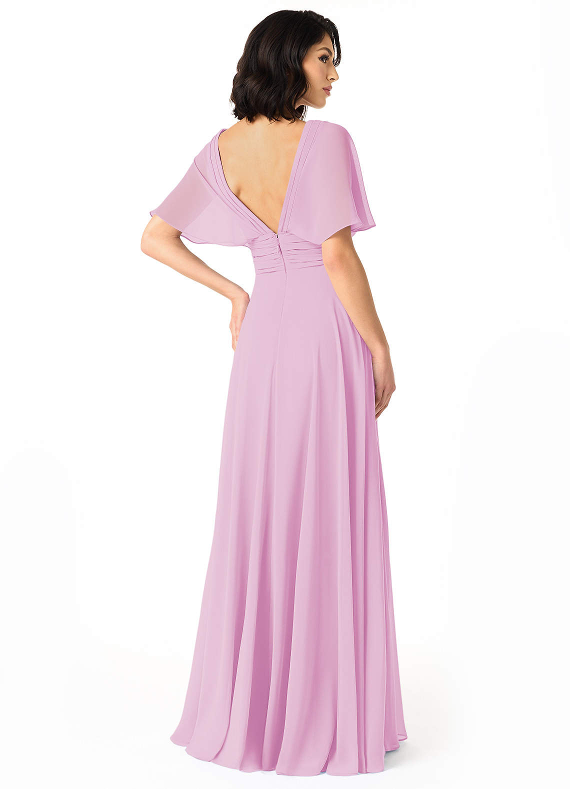 Azazie Pamela Essayer des robes à la maison Robe Trapèze en Mousseline de soie Col V plissé Bleu Poussiéreux image1