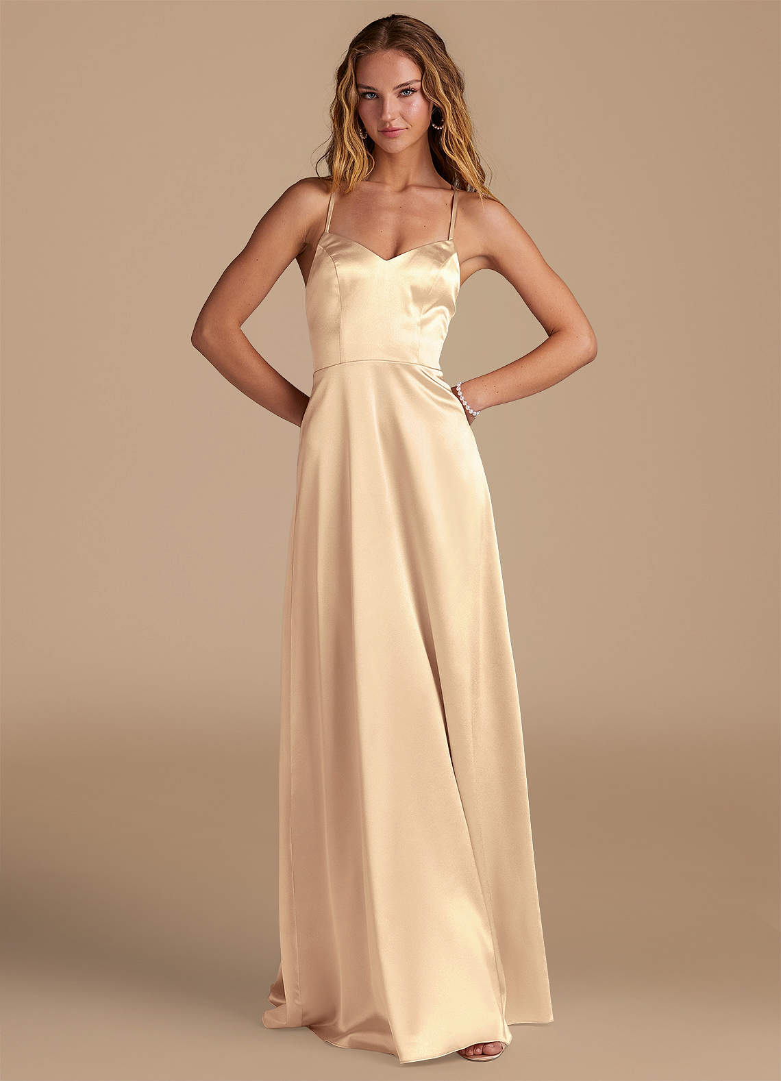 Azazie Mei Bridesmaid Dresses Gold A-Line Metallic Satin Dress image1