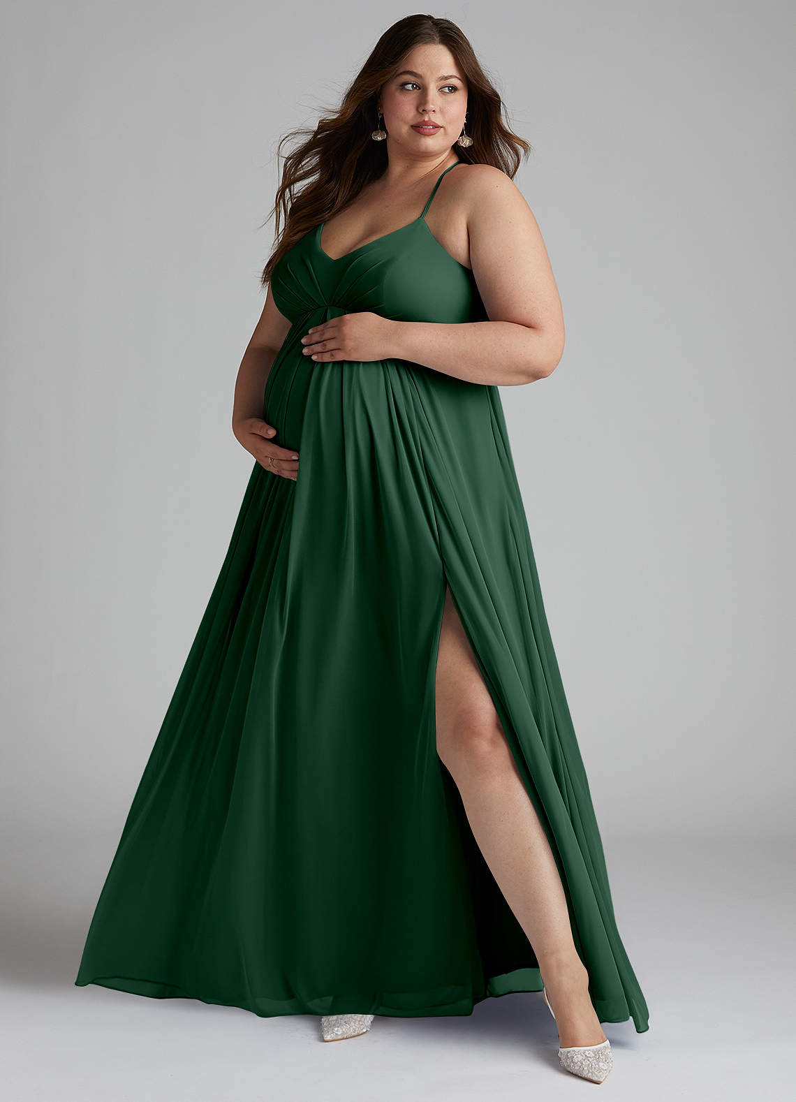Azazie Annabelle Maternity Bridesmaid Dresses A-Line V-Neck Pleated Mesh Floor-Length Dress image1