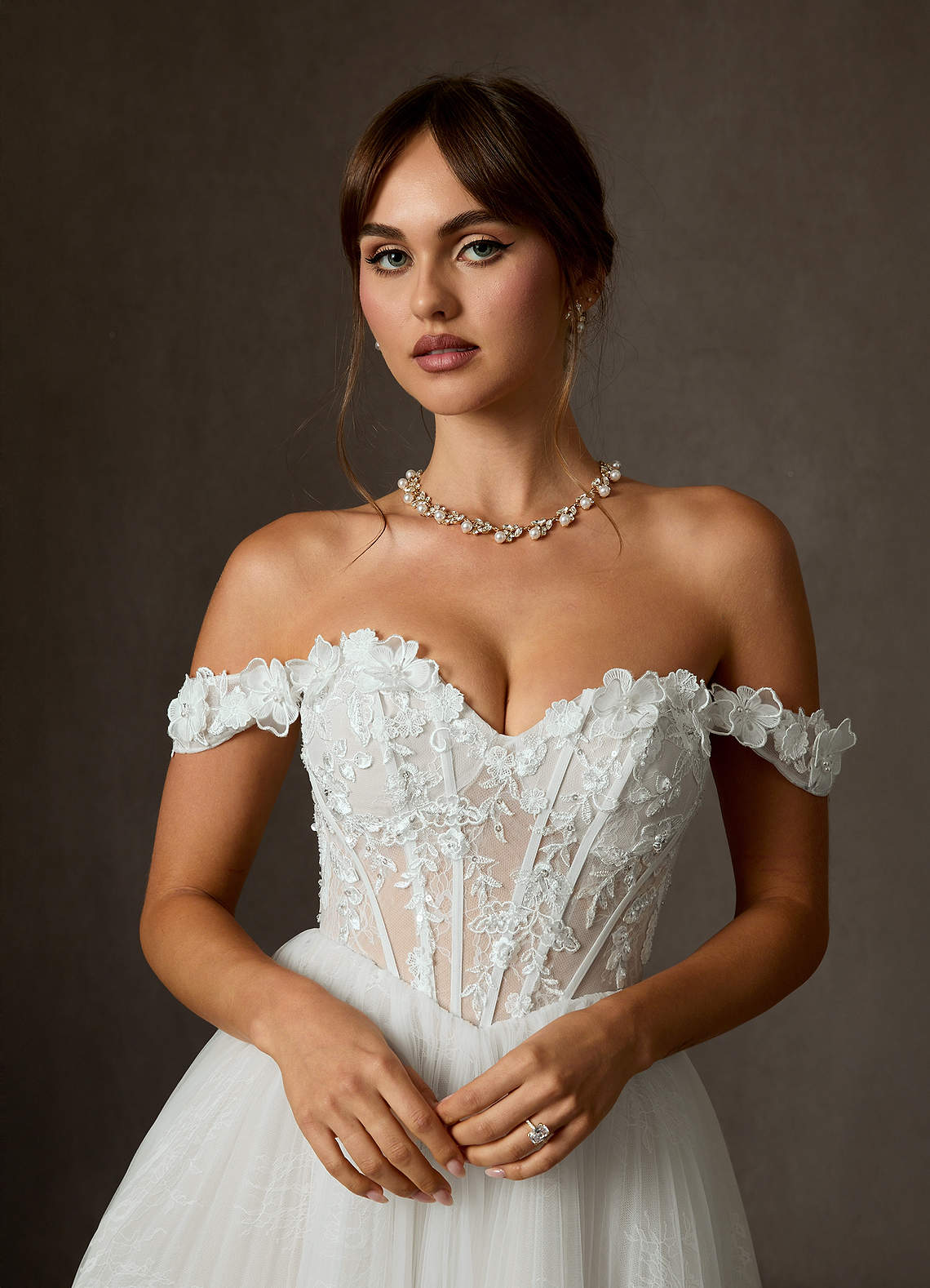 Azazie Sorel Wedding Dresses Diamond White Ball-Gown Off the Shoulder Lace Dress image6