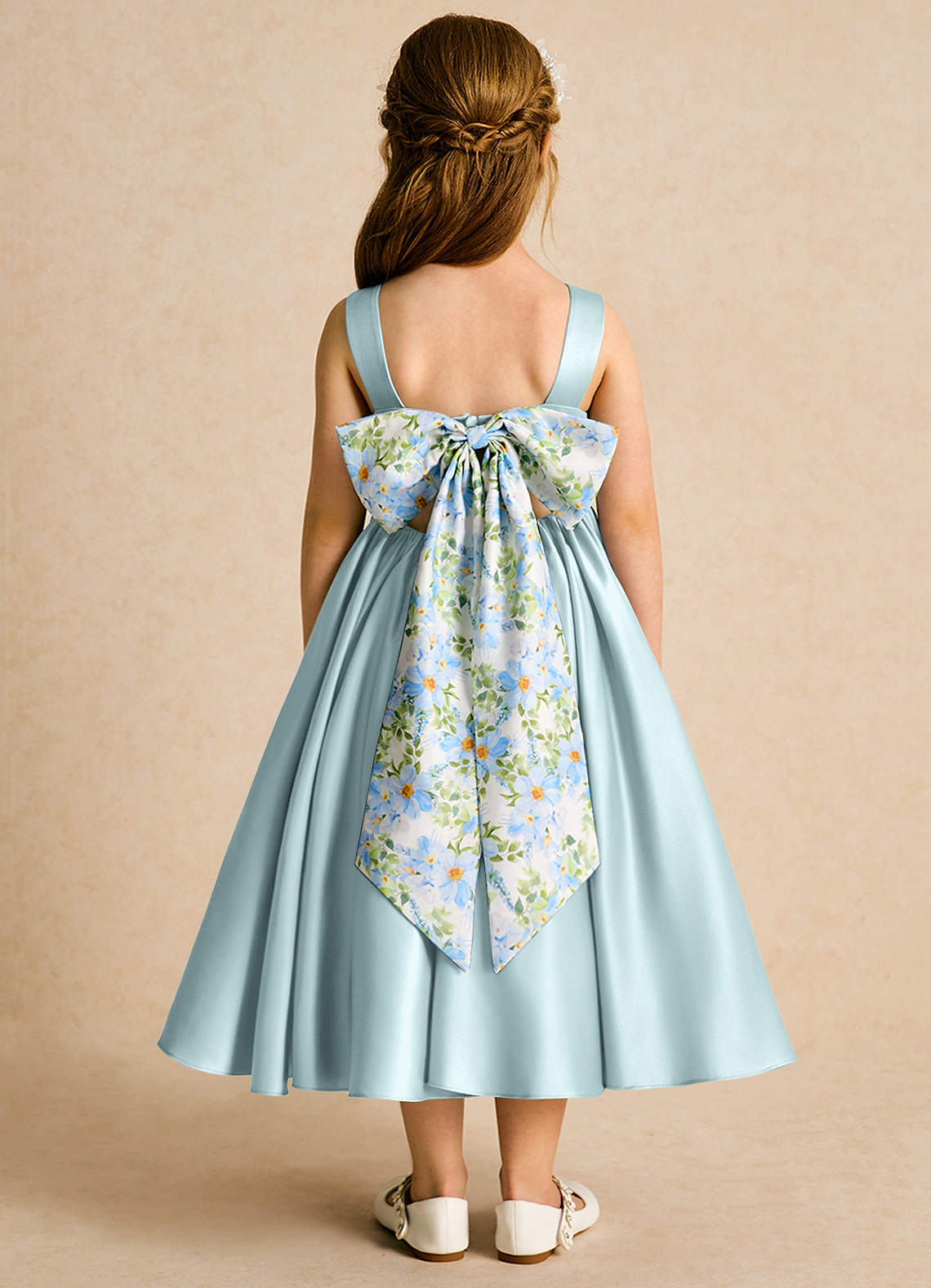 Azazie Doodlebug Robe Demoiselle D'honneur Fillette Robe Trapèze en Mat Satiné Arc Brume image1