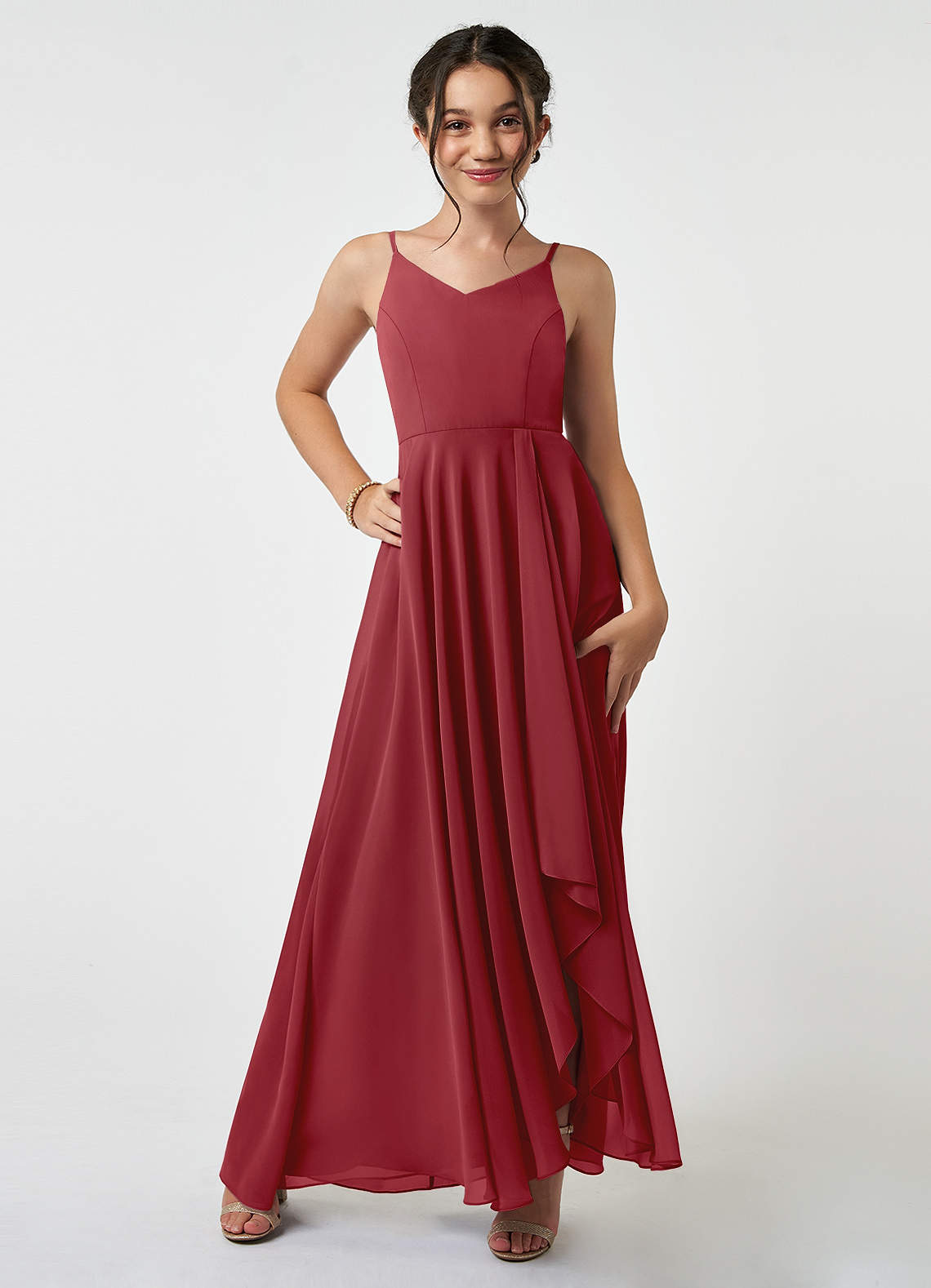 Azazie Collette Junior A-Linie Gestreift Chiffon Kleid Granatapfelrot image1