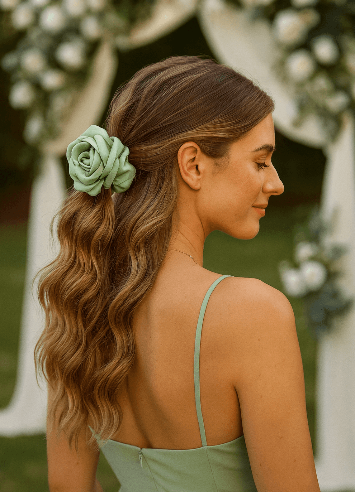 front Matching Color Matte Satin Rose Scrunchie Set