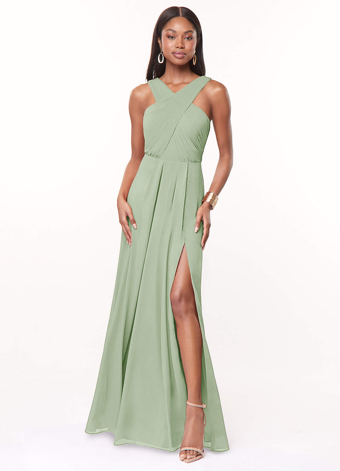 Azazie Brandie Bridesmaid Dresses Dusty Sage A-Line Pleated Stretch Chiffon Dress image1