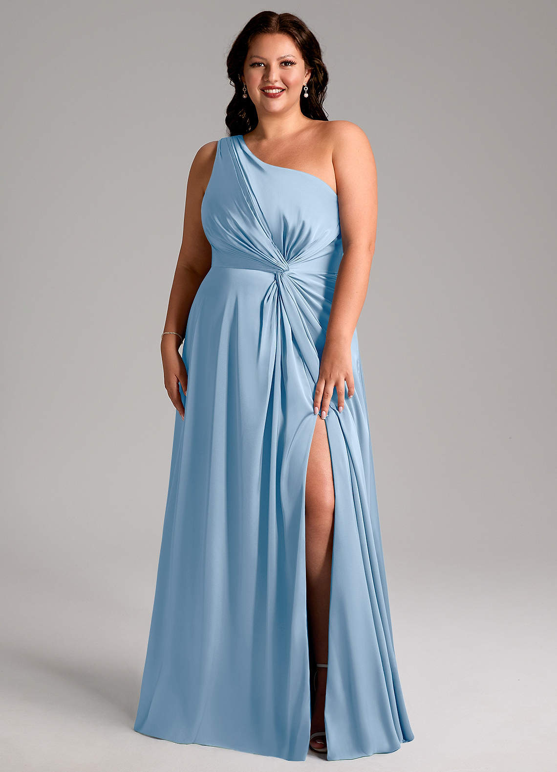 Azazie Brooke Bridesmaid Dresses Powder Blue A-Line One Shoulder Stretch Satin Dress image8
