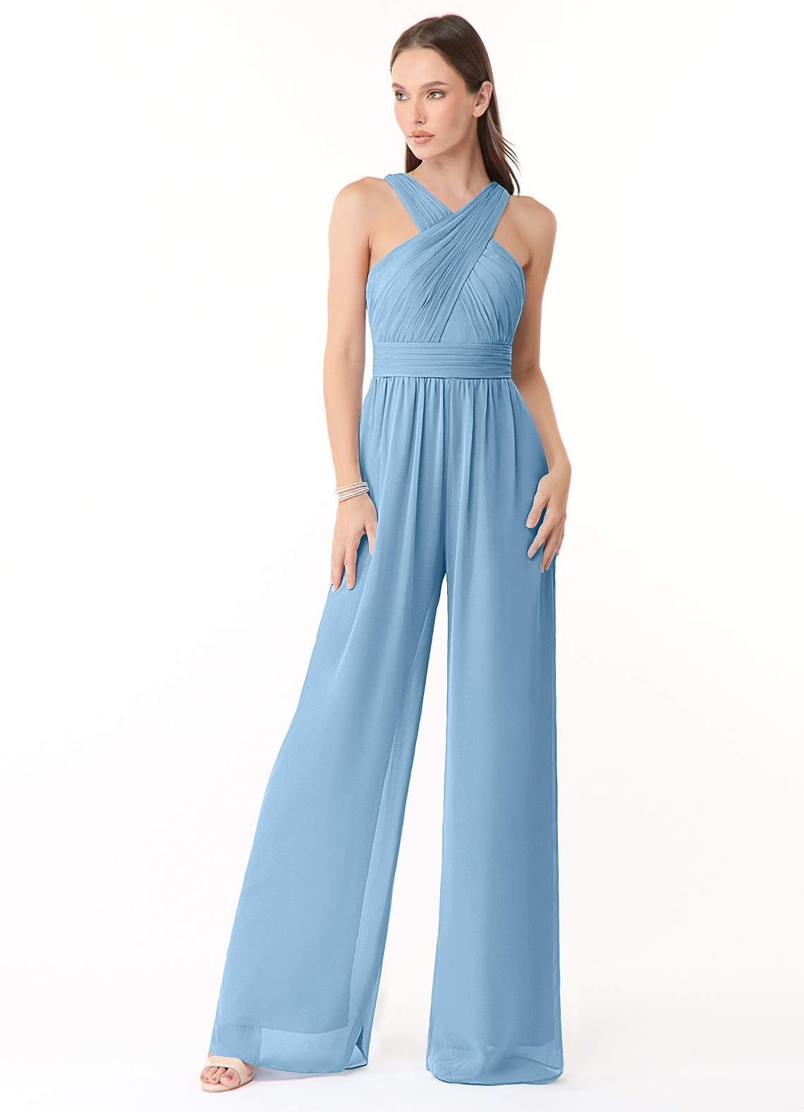 Azazie Berdie Bridesmaid Dresses Steel Blue Halter Chiffon Jumpsuit image1