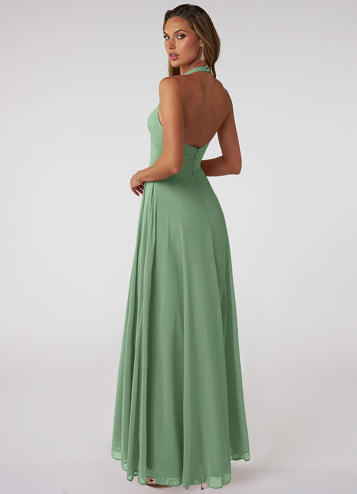 Azazie Tessie Bridesmaid Dresses Matcha A-Line V-Neck Pleated Chiffon Dress image1