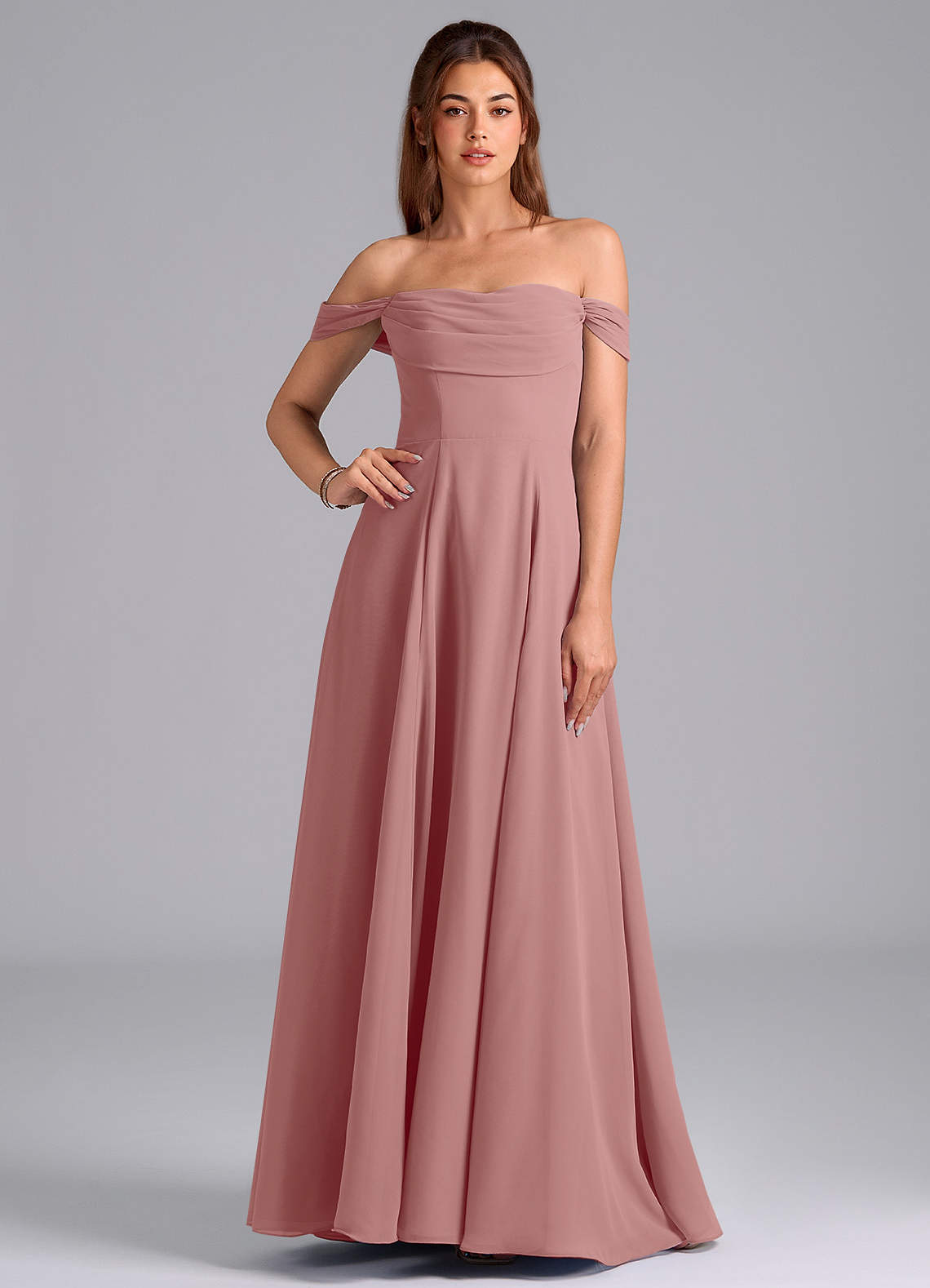 Azazie Almina At-home Try On Dresses Agave A-Line Off the Shoulder Chiffon Convertible Dress image1