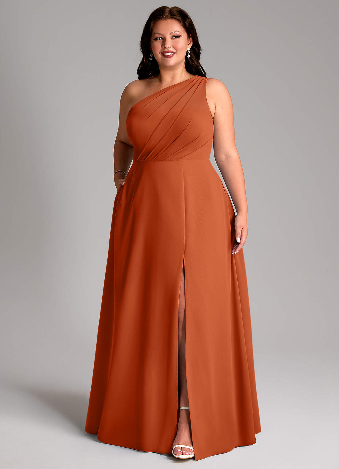 Azazie Phaedra Vestidos de madrinha de casamento Vestido Laranja Queimada de Chiffon de Linha A com Um ombro image11