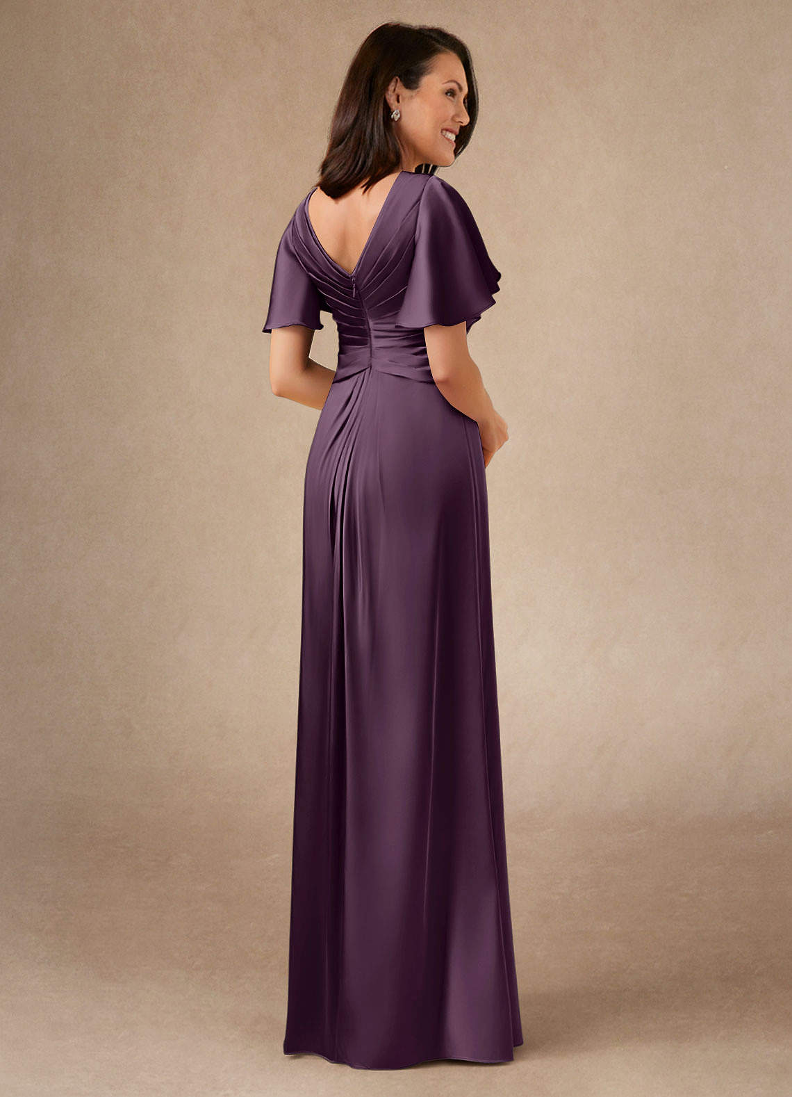 Azazie Emmeline Mother of the Bride Dresses Plum A-Line Pleated Stretch Satin Dress image1