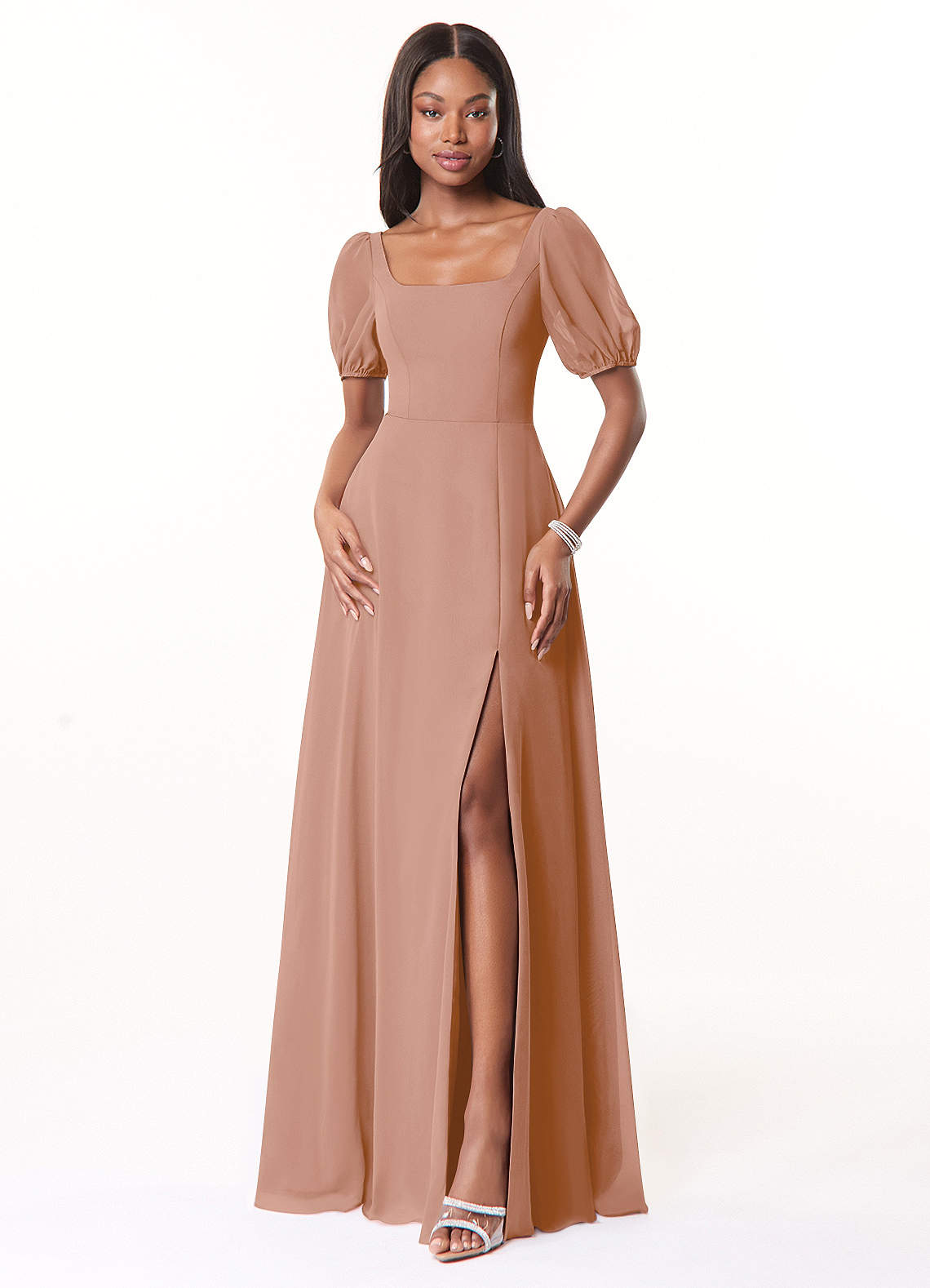 Azazie Alani Bridesmaid Dresses Champagne Rose A-Line Square Neckline Chiffon Dress image1