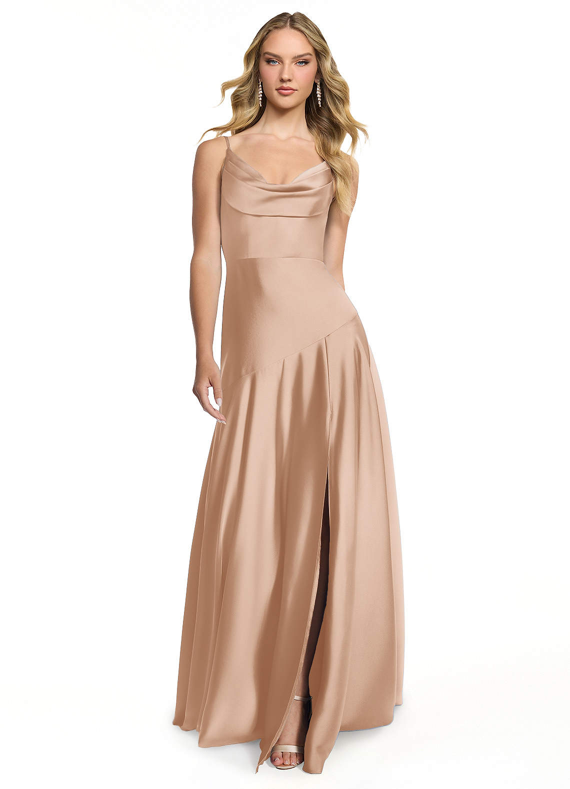 Azazie Kayla Bridesmaid Dresses English Rose Sheath Side Slit Stretch Satin Dress image1