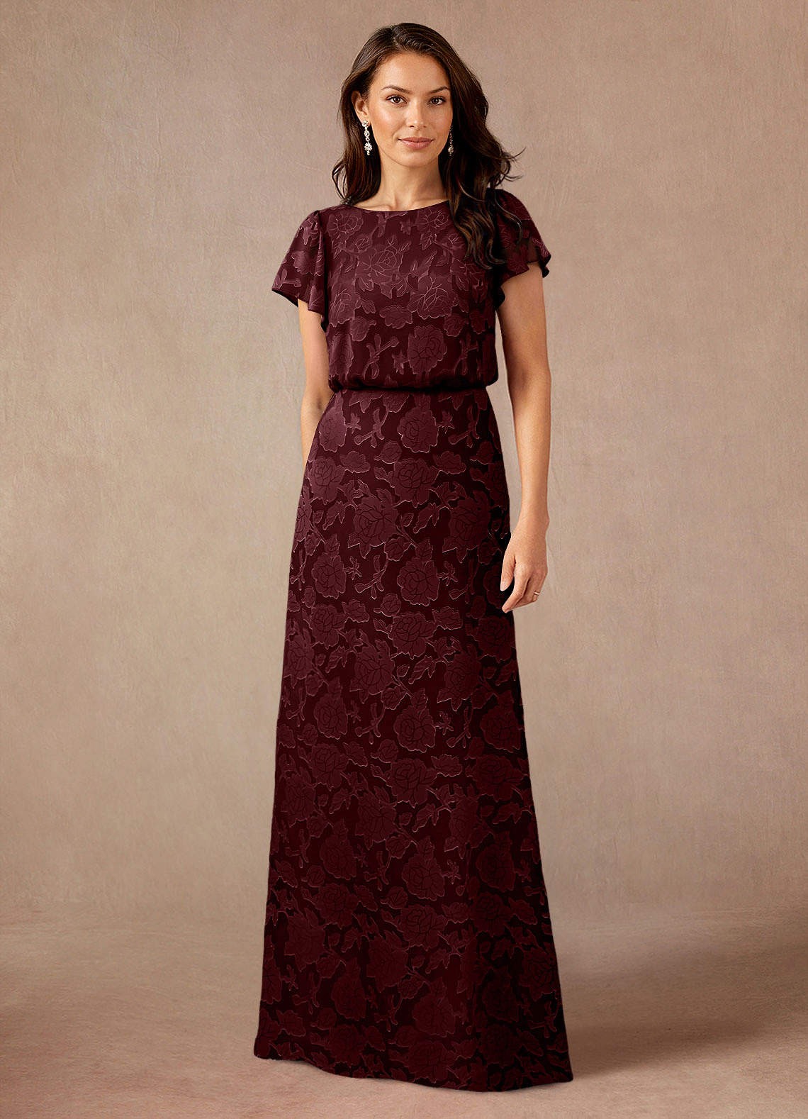 Azazie Lehi vestidos de madre de la novia Vestido de Cabernet de Devorado Floral de Corte En A con Cuello de barco image1