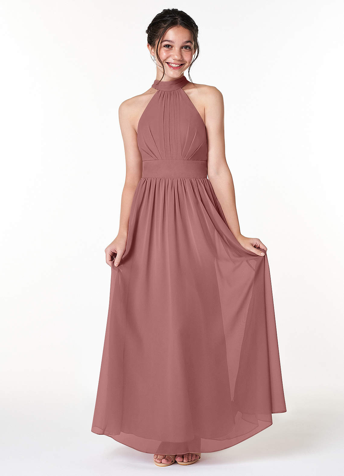 High-Neck Gathered Waist Burgundy Dress