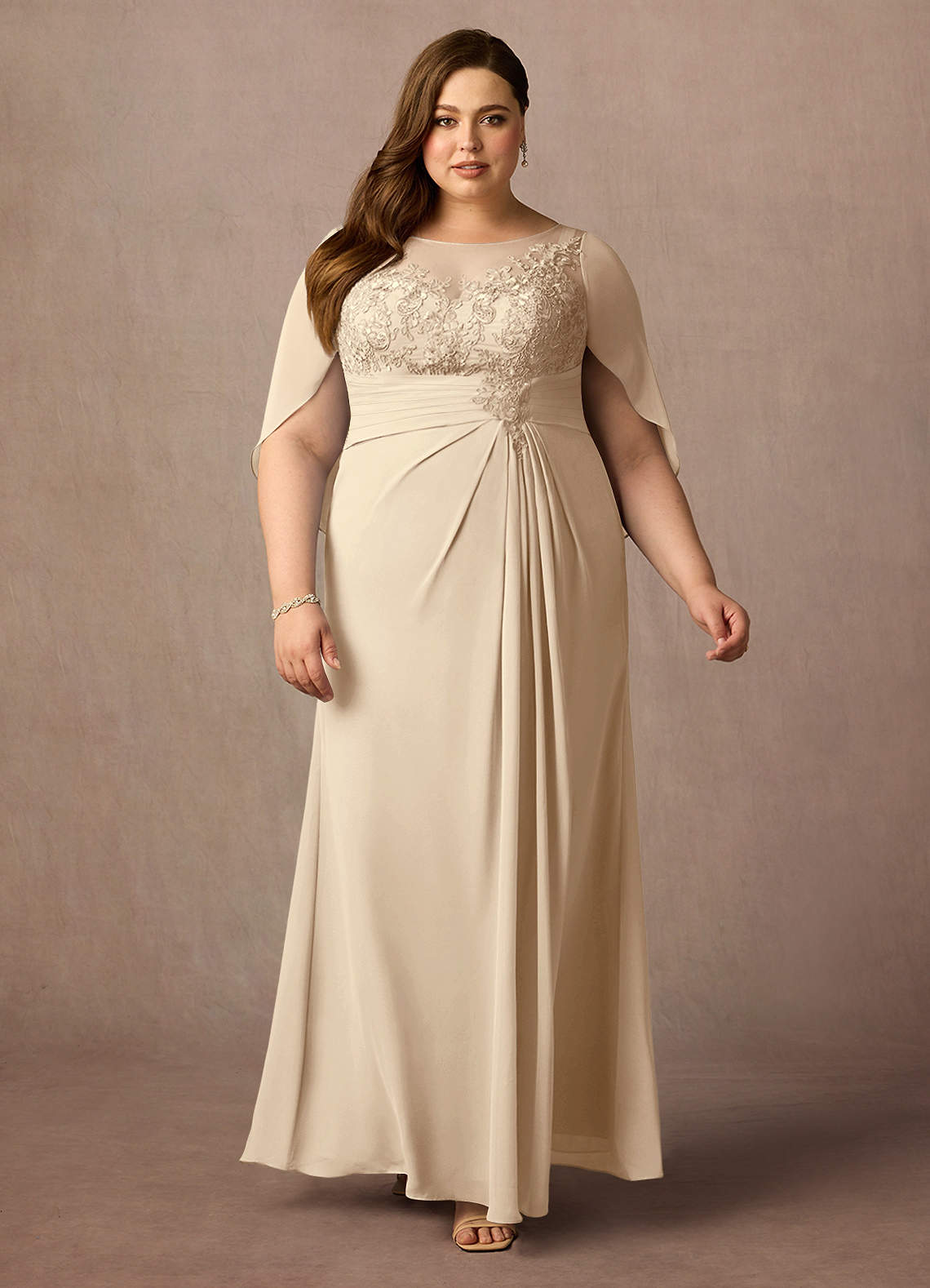 Azazie Hera Mother of the Bride Dresses Champagne A-Line Lace Capelet Chiffon Dress image5