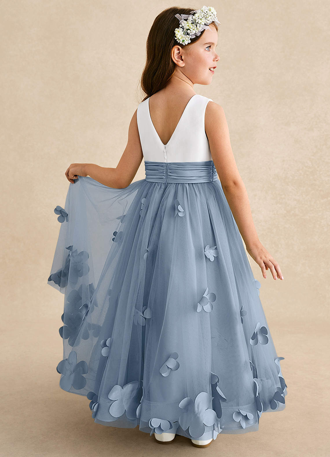 Azazie Vi Blumenmädchenkleider A-Linie ärmellos Tüll Kleid Staubblau image1