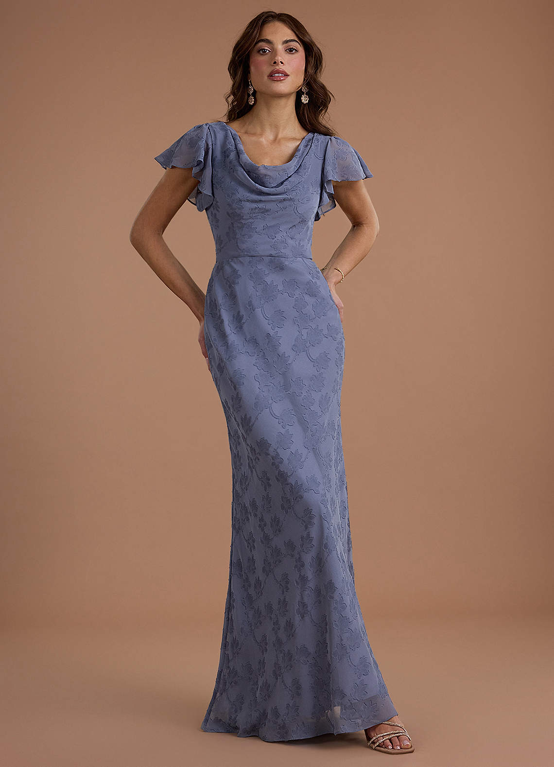 Azazie Floor-Length Maxi Dresses Column Wedding Guest Formal Dresses Cowl Blue Iris
