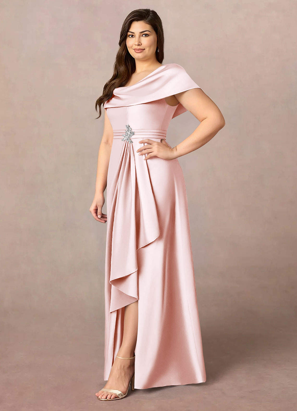 Azazie Branford Mother of the Bride Dresses Blushing Pink A-Line Pleated Stretch Satin Dress image10
