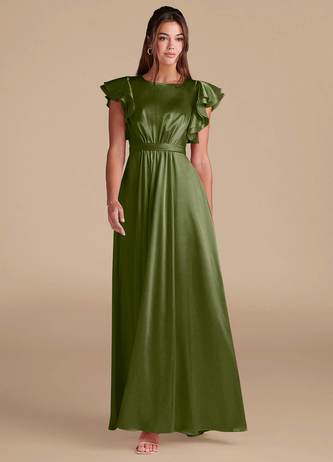 Azazie Daphne Modest Bridesmaid Dresses A-Line Ruched Metallic Satin Floor-Length Dress image2