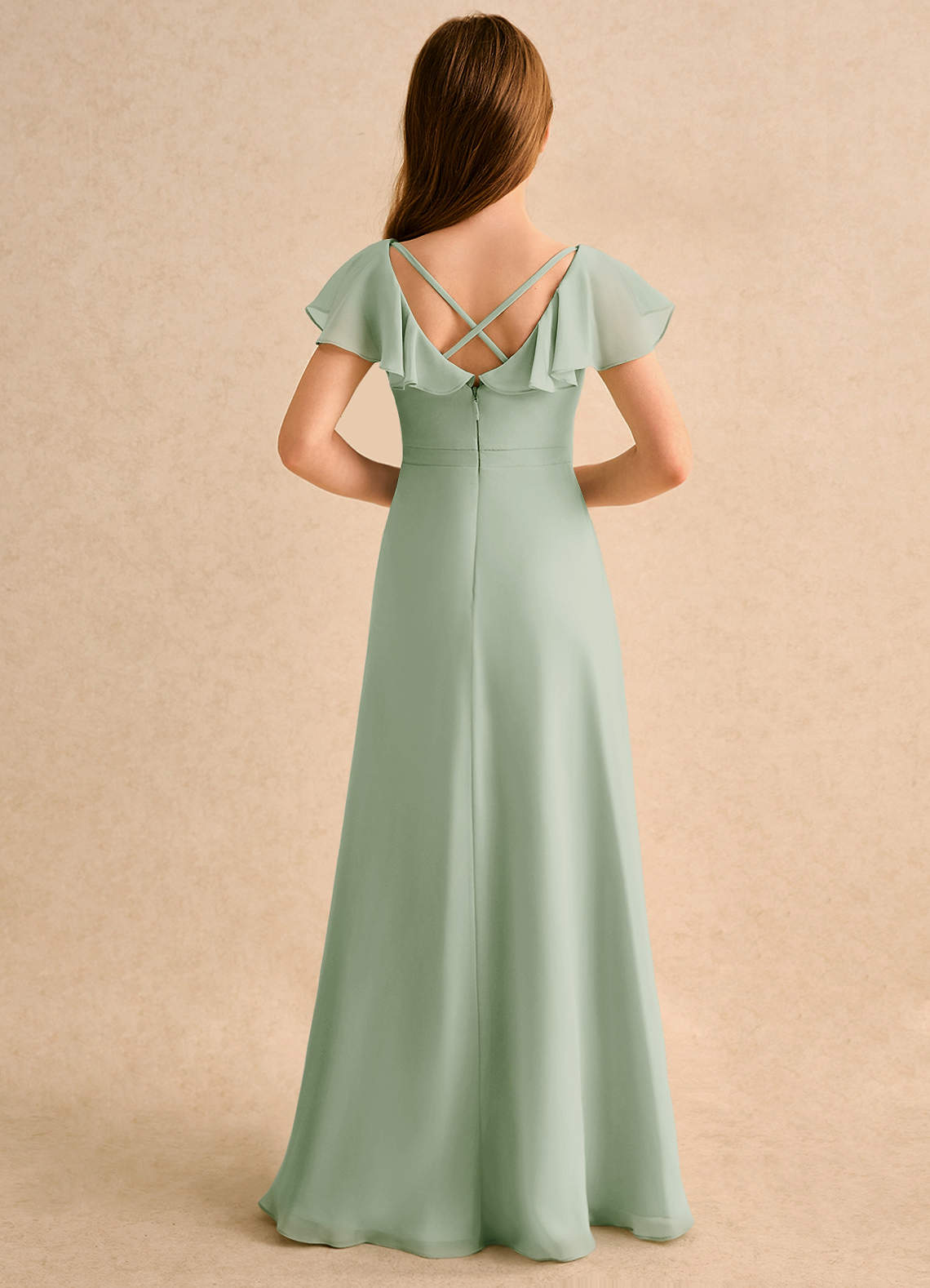 Azazie Nari Girls Formal Vestidos de florista Vestido Dusty Sage de Chiffon de Linha A com com Mangas image1